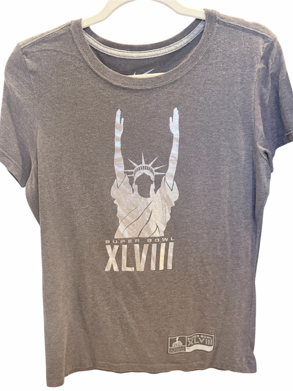 Womens Nike Super Bowl XLVIII Grey Statue of Liberty Touchdown Graphic Tee Large
